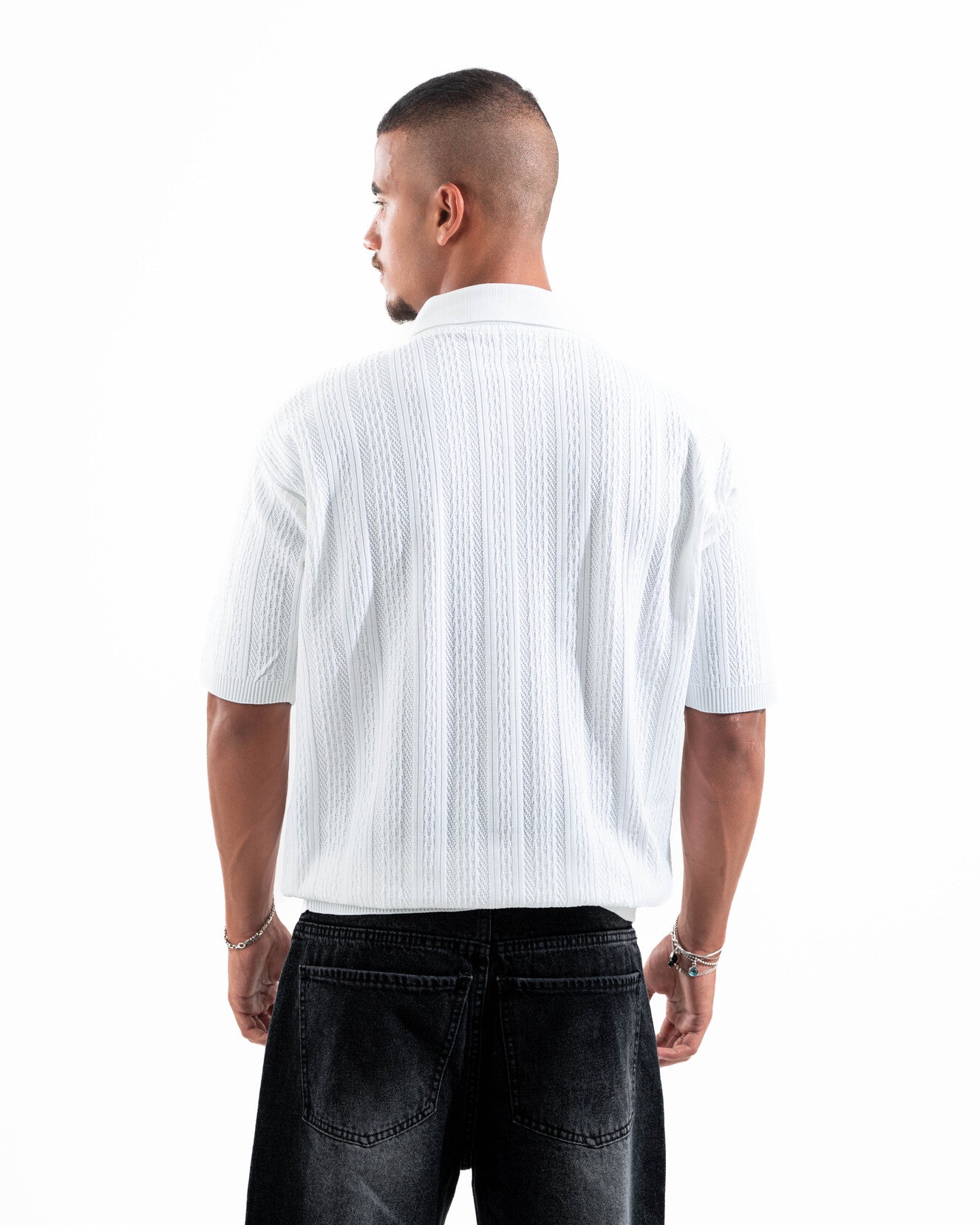 White Patterned Knit Polo