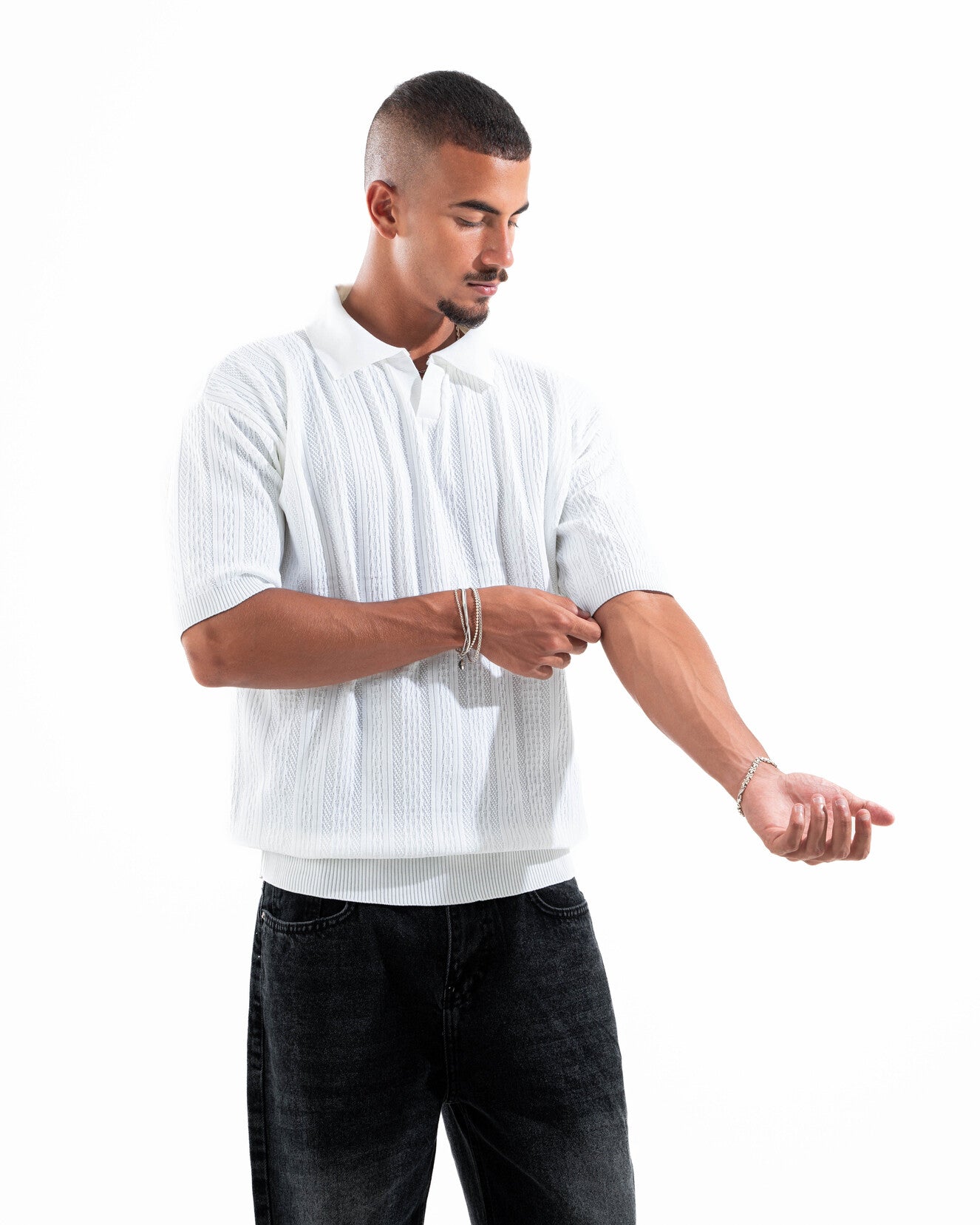 White Patterned Knit Polo