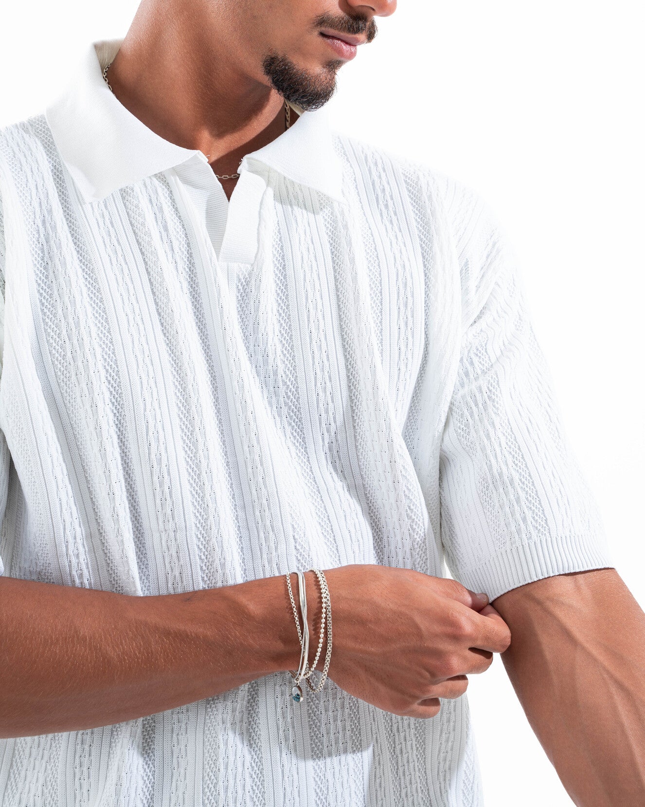 White Patterned Knit Polo