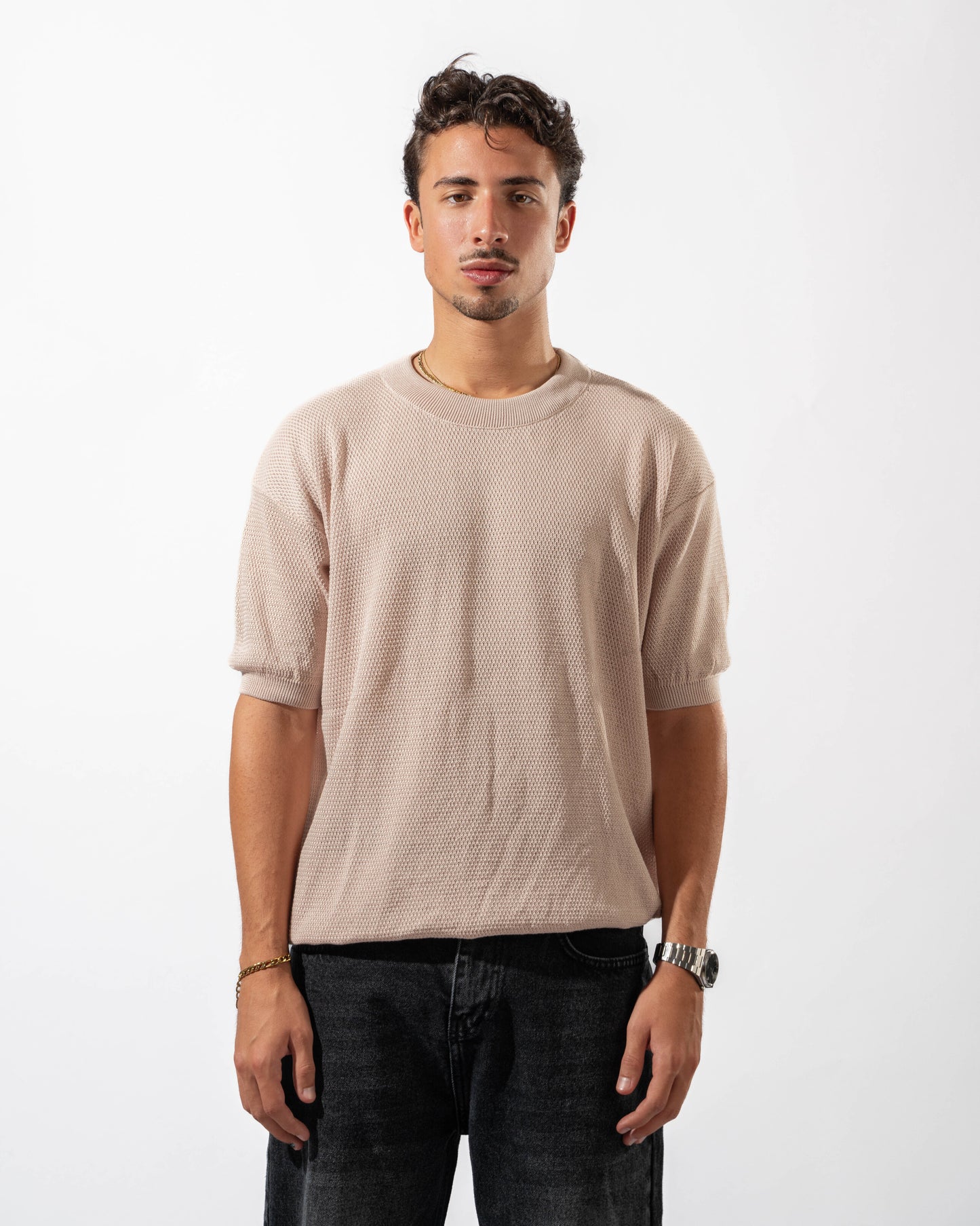 Dotted Knit Tee in Beige