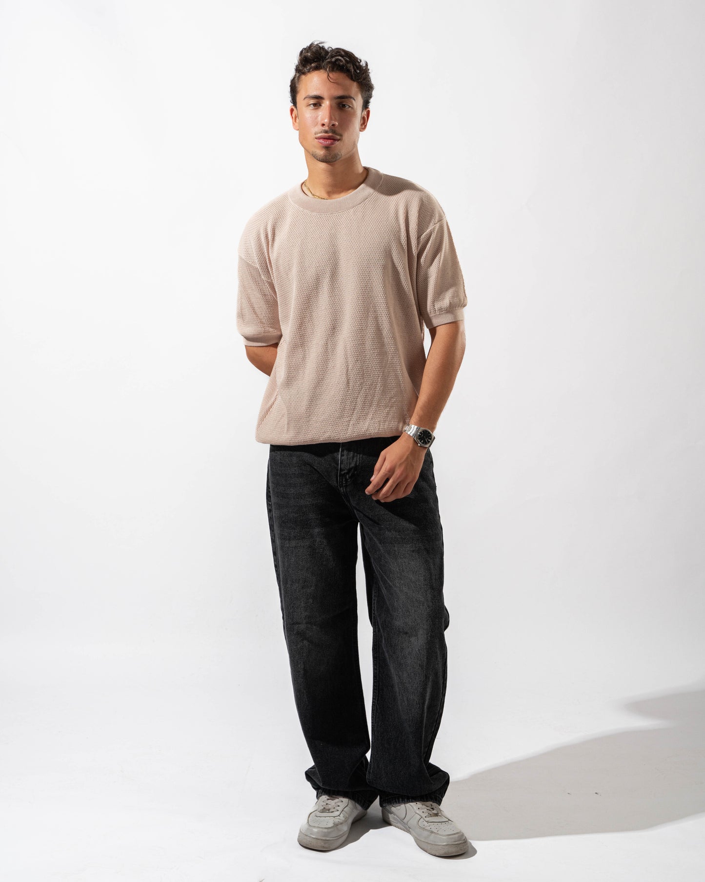 Dotted Knit Tee in Beige