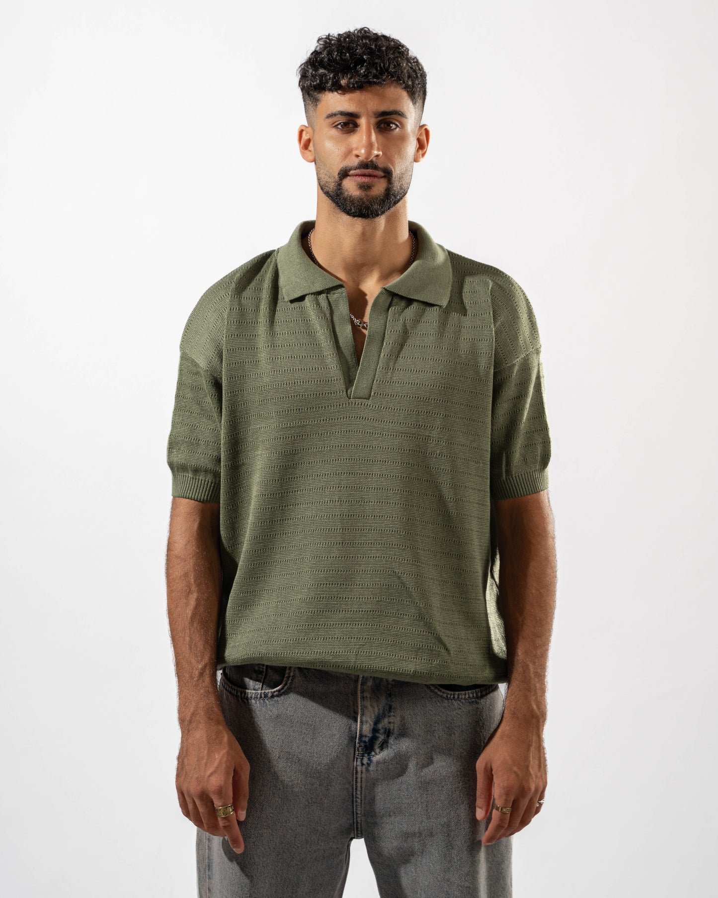 Dotted Knit Polo in Olive