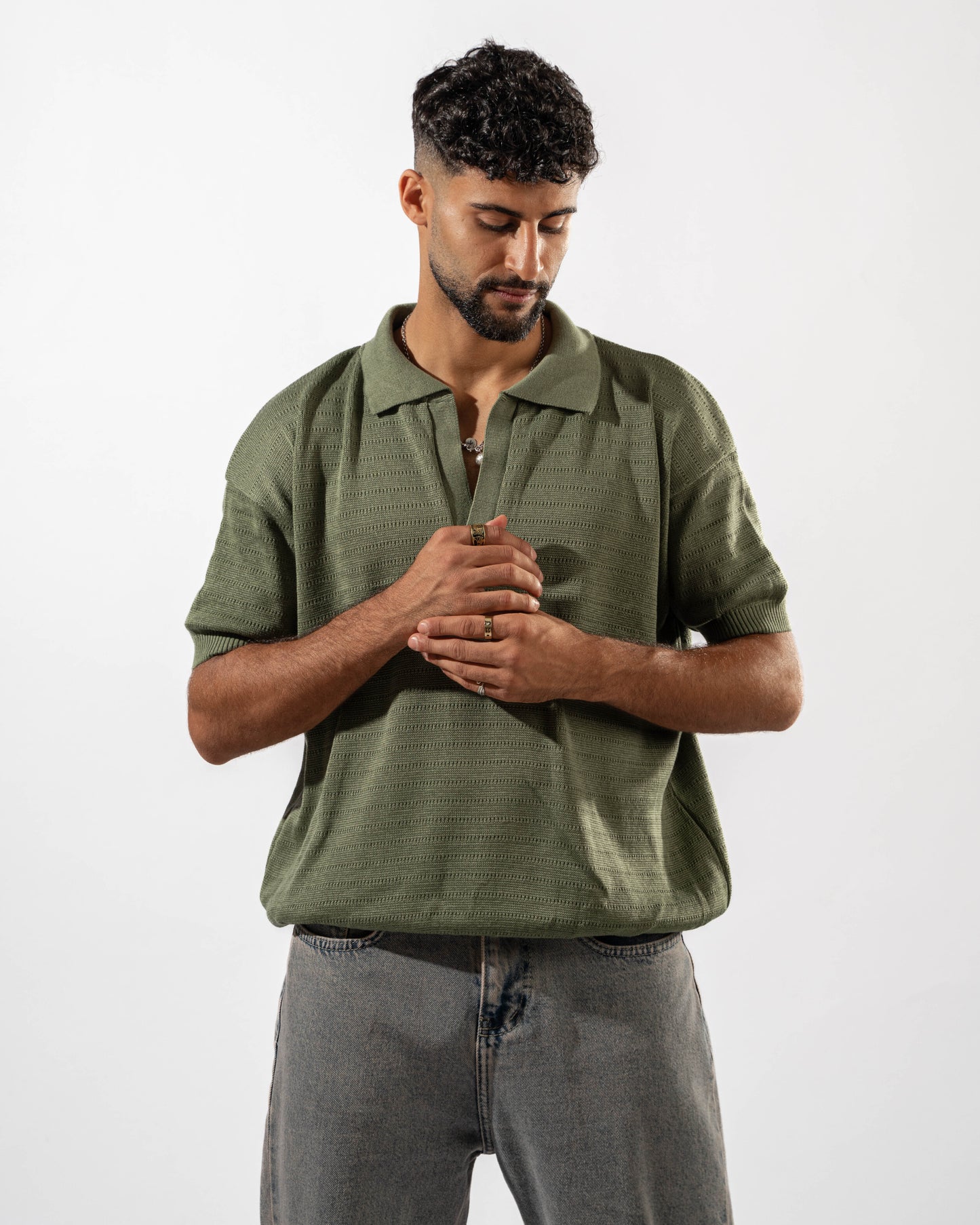 Dotted Knit Polo in Olive