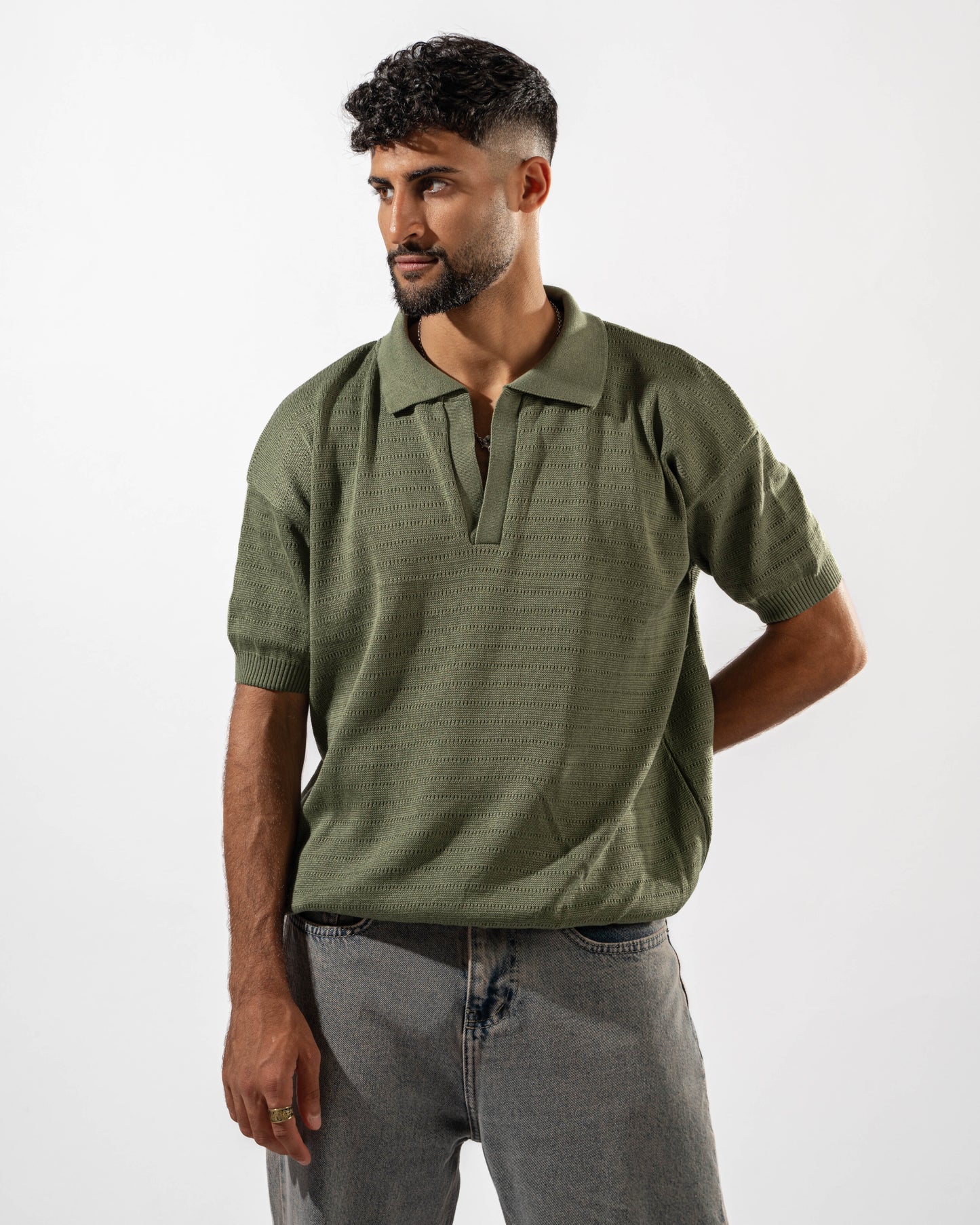Dotted Knit Polo in Olive