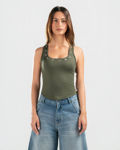 OLIVE STUDDED TANK TOP