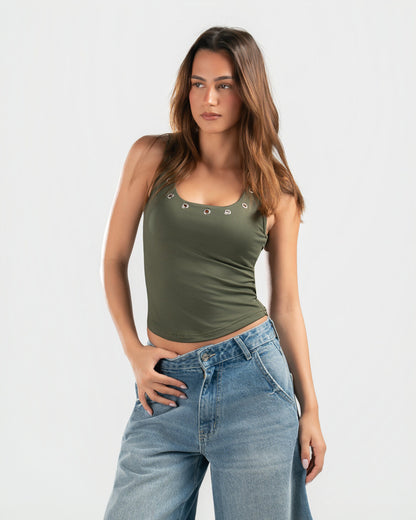 OLIVE STUDDED TANK TOP