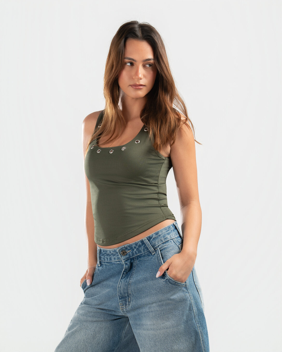 OLIVE STUDDED TANK TOP