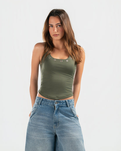 OLIVE STUDDED TANK TOP