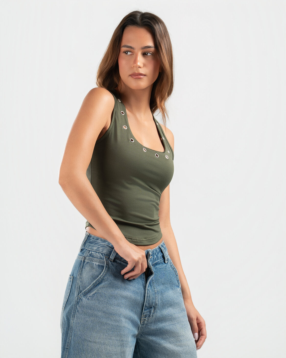 OLIVE STUDDED TANK TOP