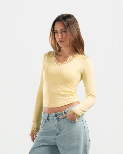 BUTTER YELLOW V LACE TOP