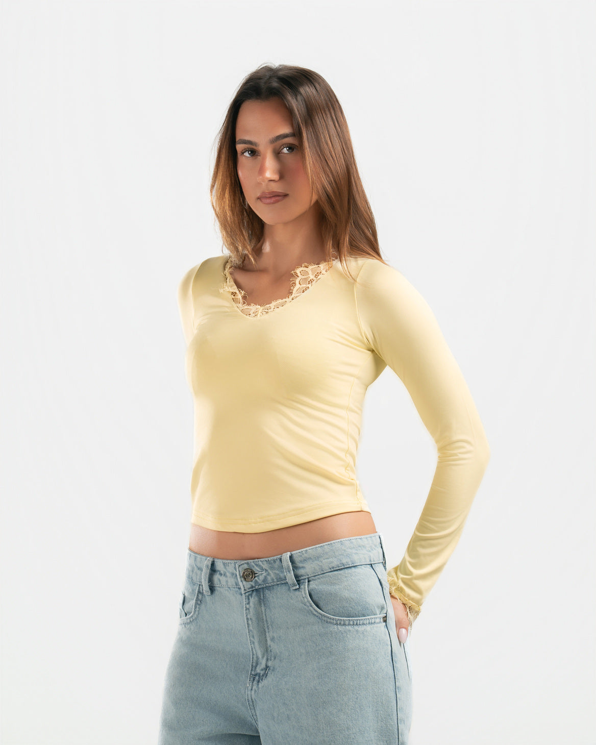 BUTTER YELLOW V LACE TOP
