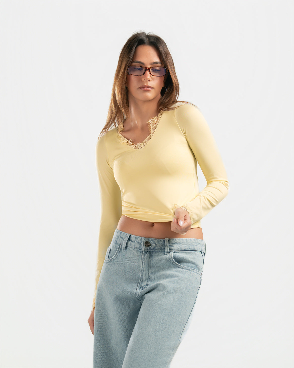 BUTTER YELLOW V LACE TOP