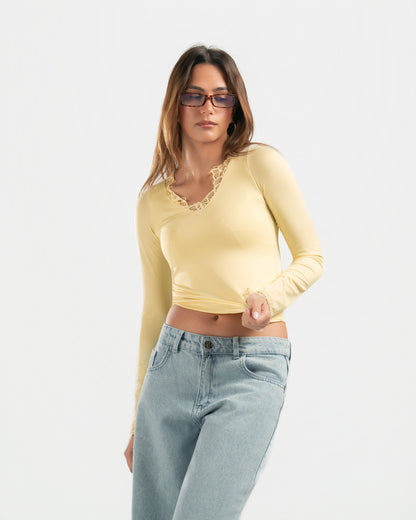 BUTTER YELLOW V LACE TOP
