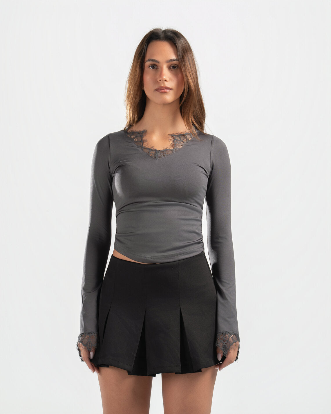 GREY V LACE TOP