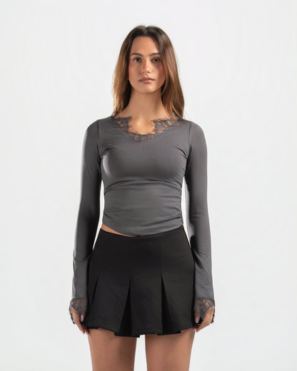 GREY V LACE TOP