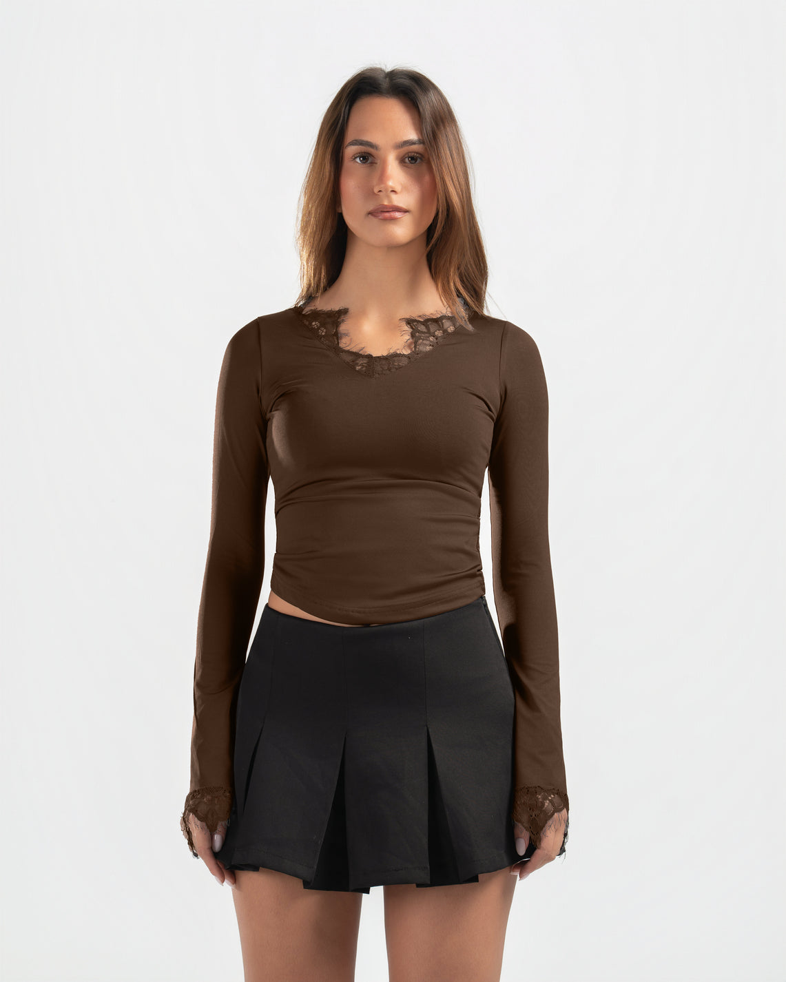BROWN V LACE TOP