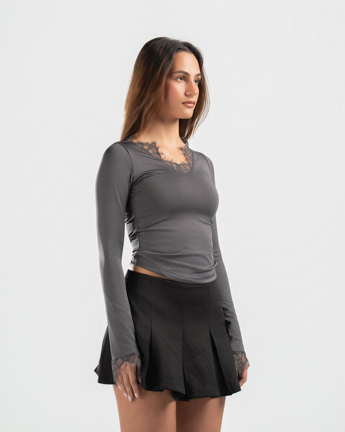 GREY V LACE TOP