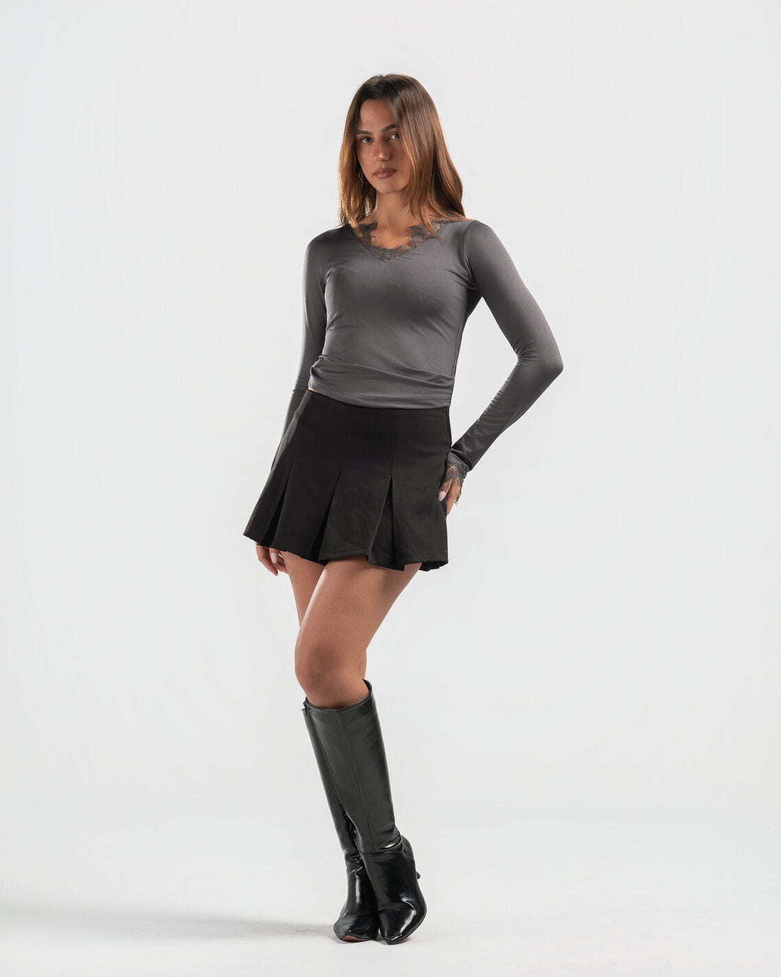 GREY V LACE TOP