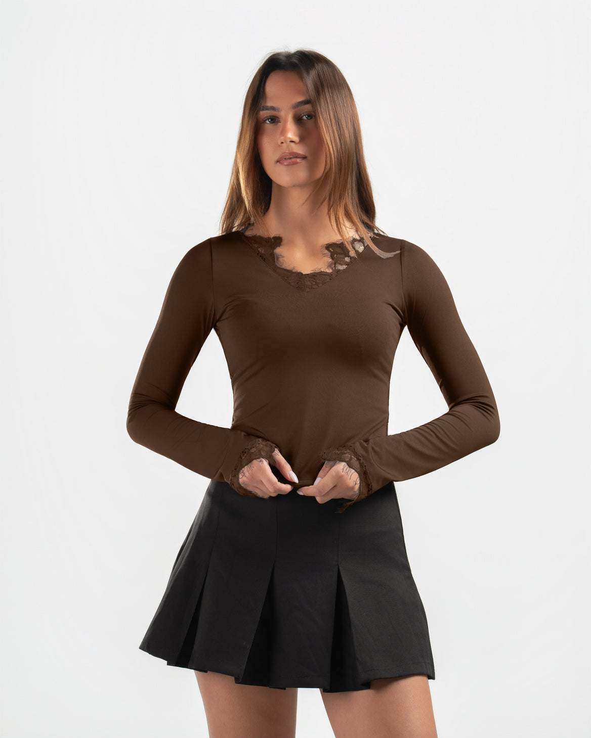 BROWN V LACE TOP
