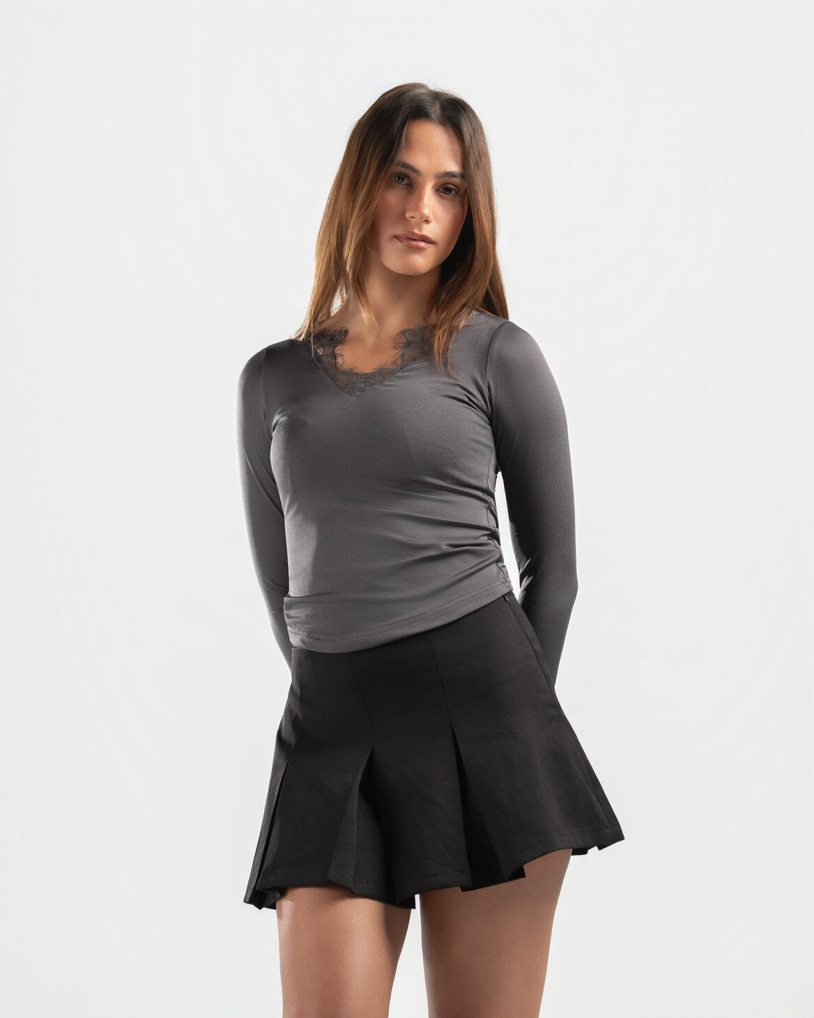 GREY V LACE TOP