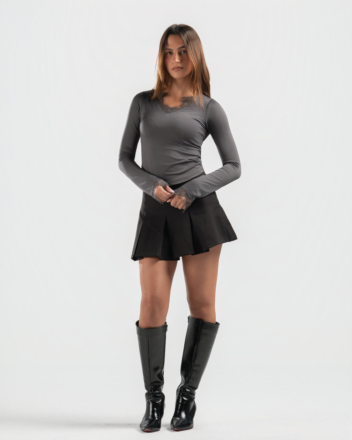 GREY V LACE TOP