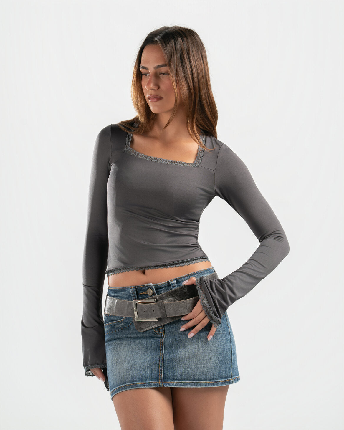 GREY SQUARE LACE TOP