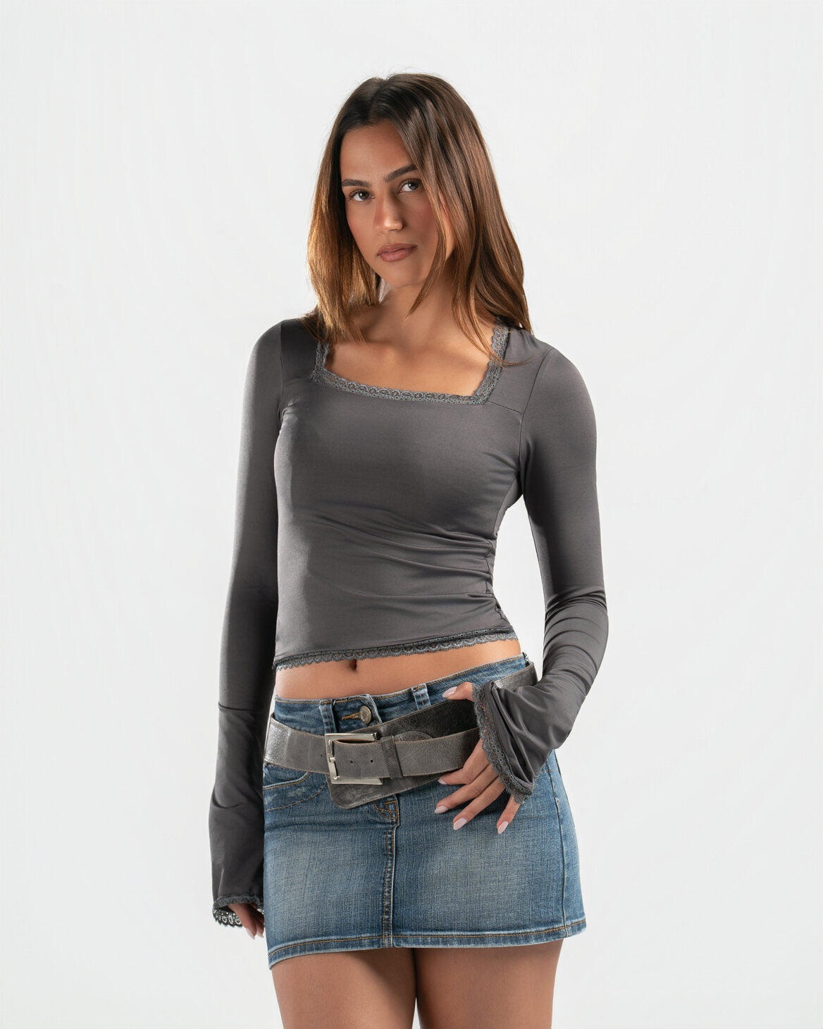 GREY SQUARE LACE TOP