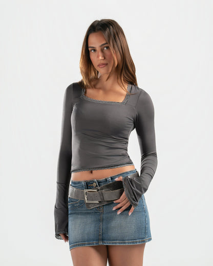 GREY SQUARE LACE TOP