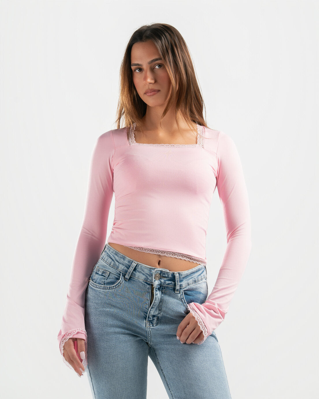 PINK SQUARE LACE TOP