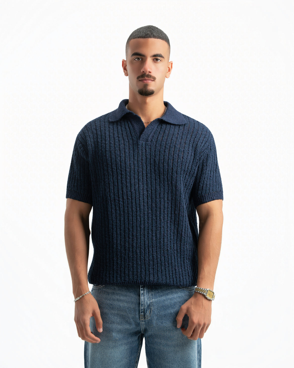 NAVY RIBBED KNIT POLO