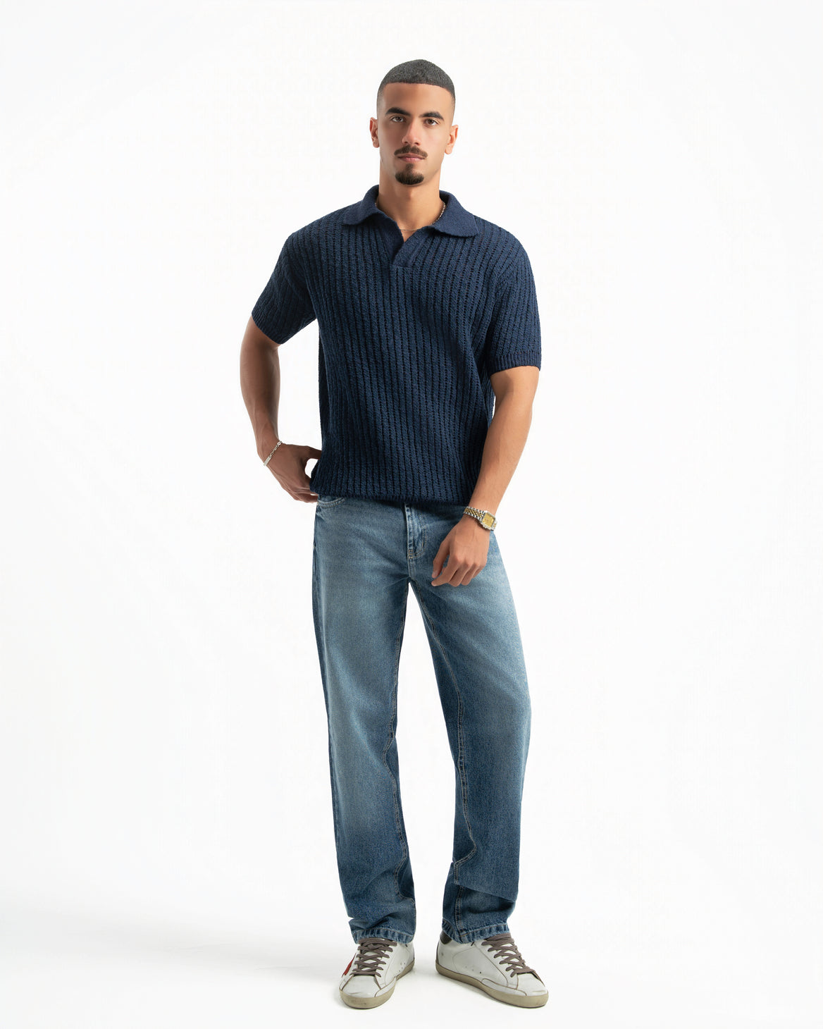 NAVY RIBBED KNIT POLO