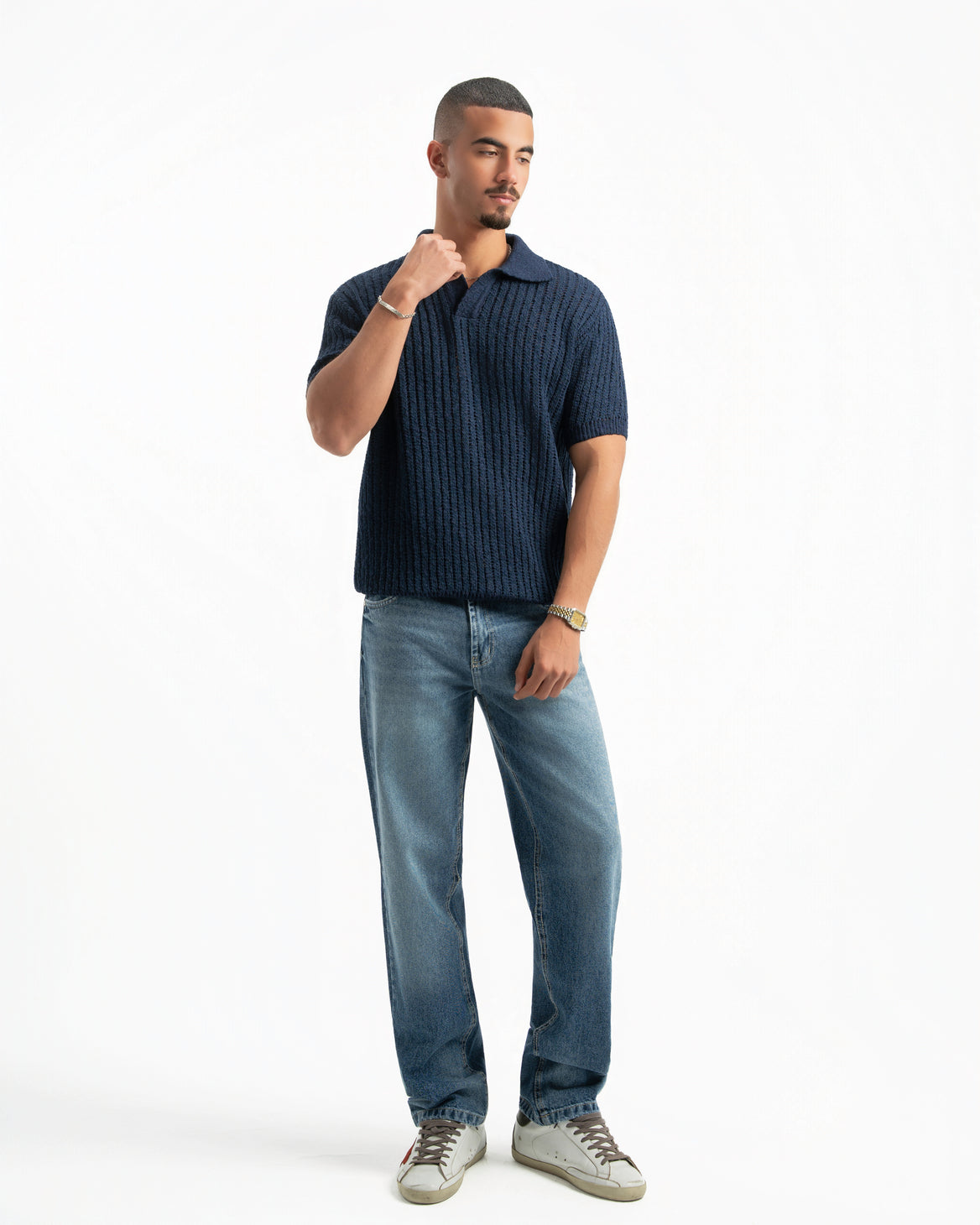 NAVY RIBBED KNIT POLO