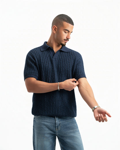 NAVY RIBBED KNIT POLO