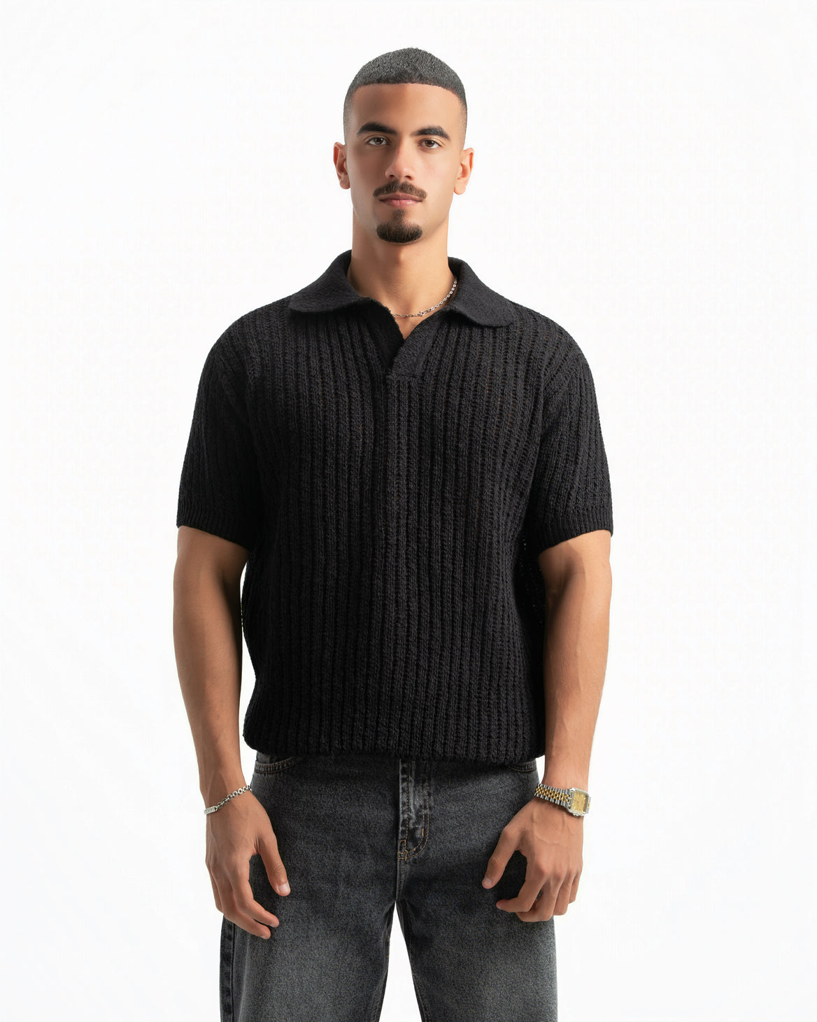 BLACK RIBBED KNIT POLO