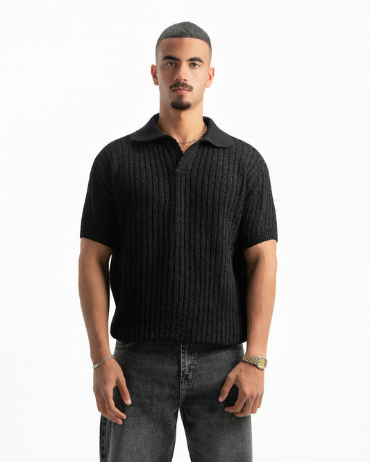 BLACK RIBBED KNIT POLO