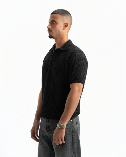 BLACK RIBBED KNIT POLO
