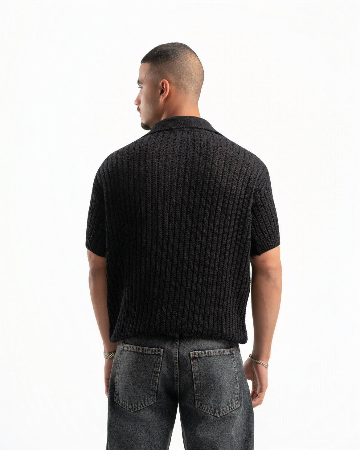 BLACK RIBBED KNIT POLO