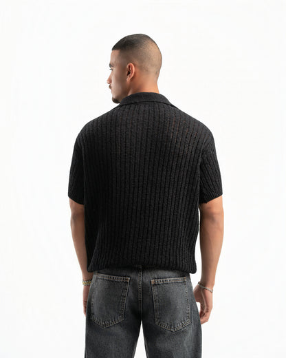 BLACK RIBBED KNIT POLO