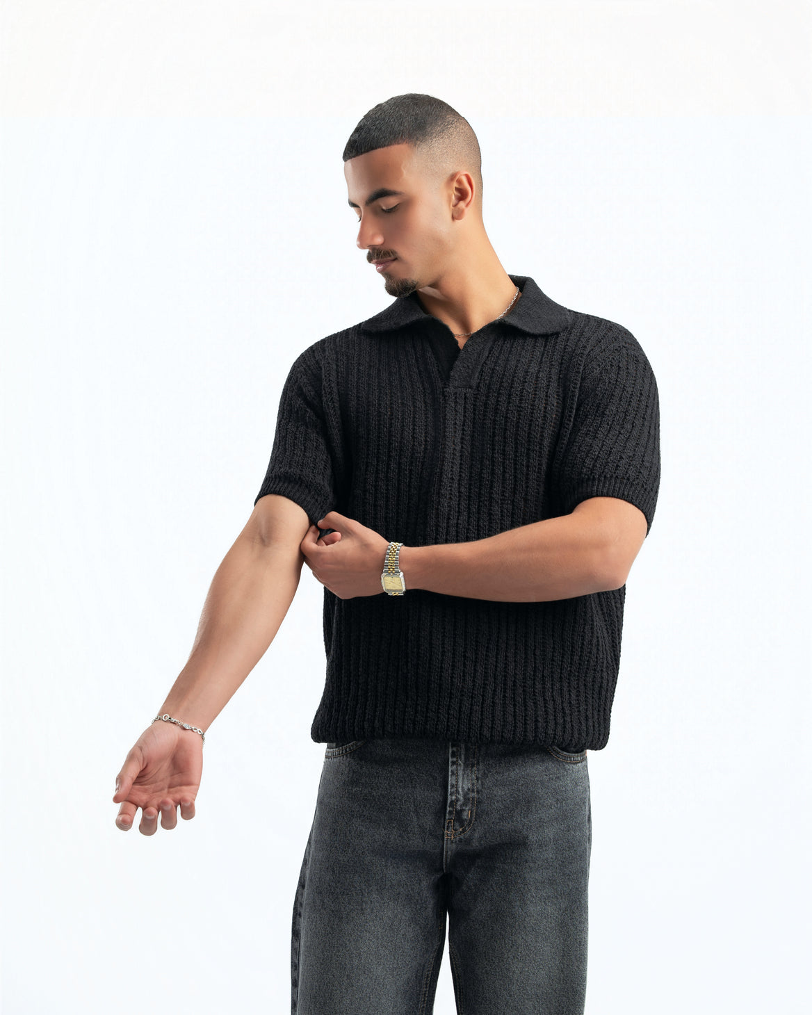 BLACK RIBBED KNIT POLO