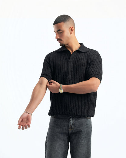 BLACK RIBBED KNIT POLO
