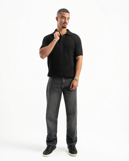 BLACK RIBBED KNIT POLO