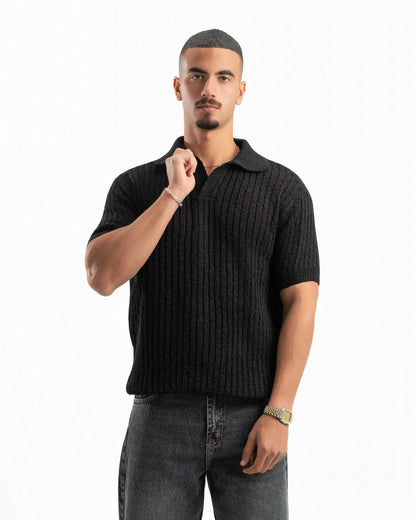 BLACK RIBBED KNIT POLO