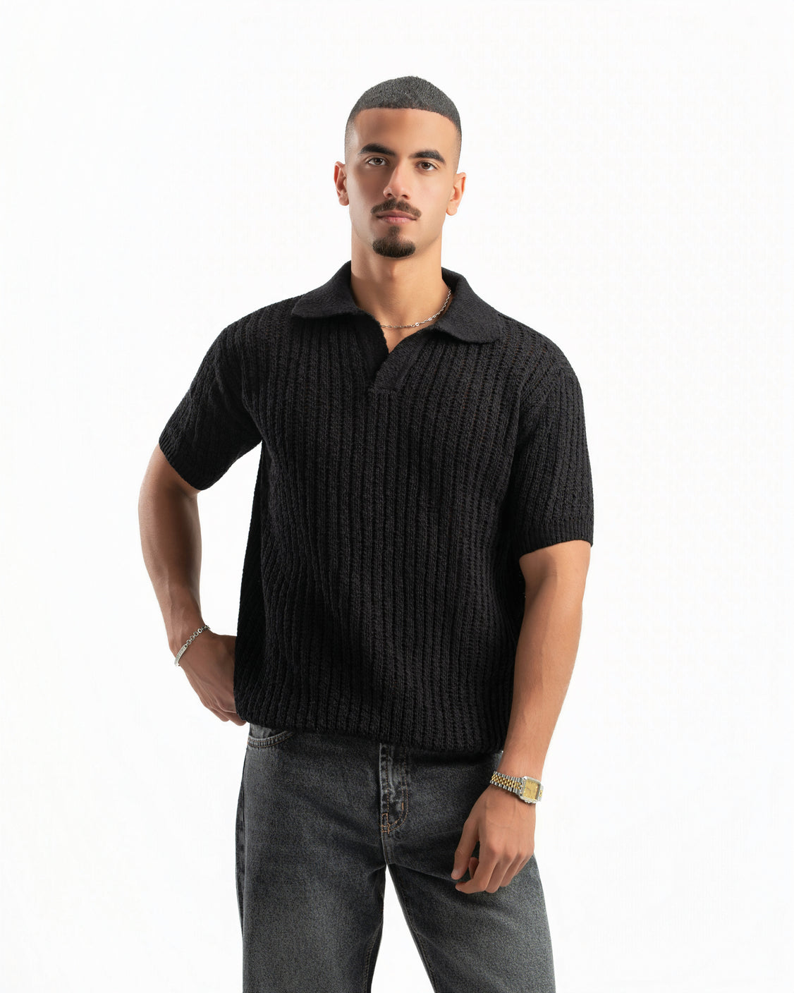 BLACK RIBBED KNIT POLO