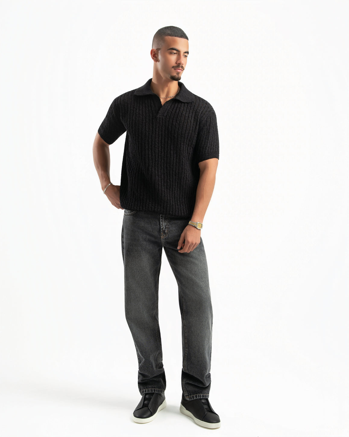 BLACK RIBBED KNIT POLO