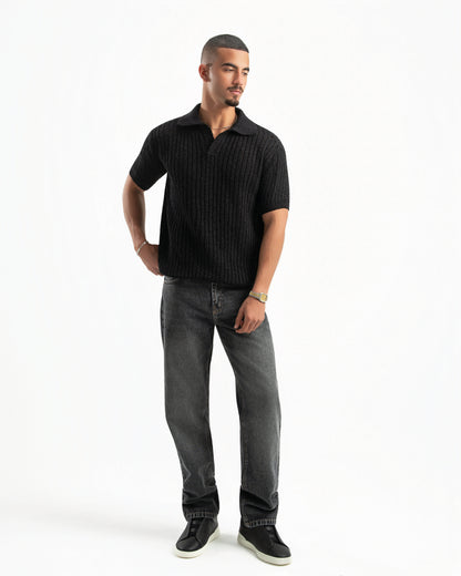 BLACK RIBBED KNIT POLO