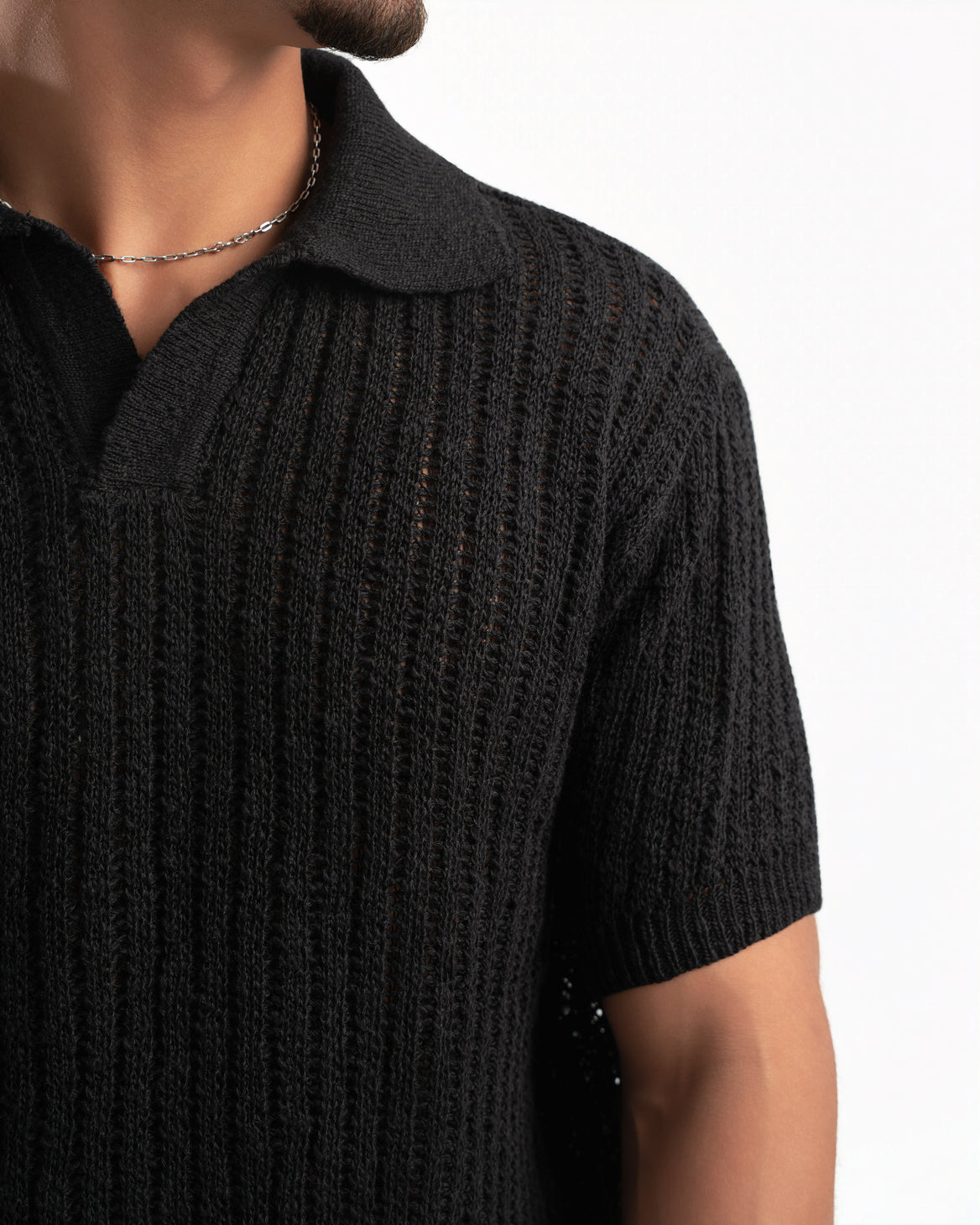 BLACK RIBBED KNIT POLO