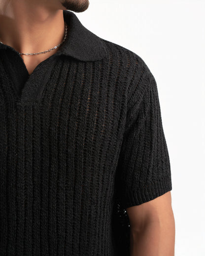 BLACK RIBBED KNIT POLO