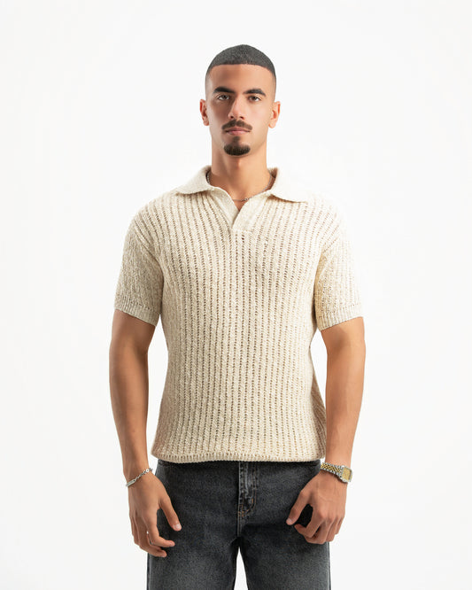 BEIGE RIBBED KNIT POLO