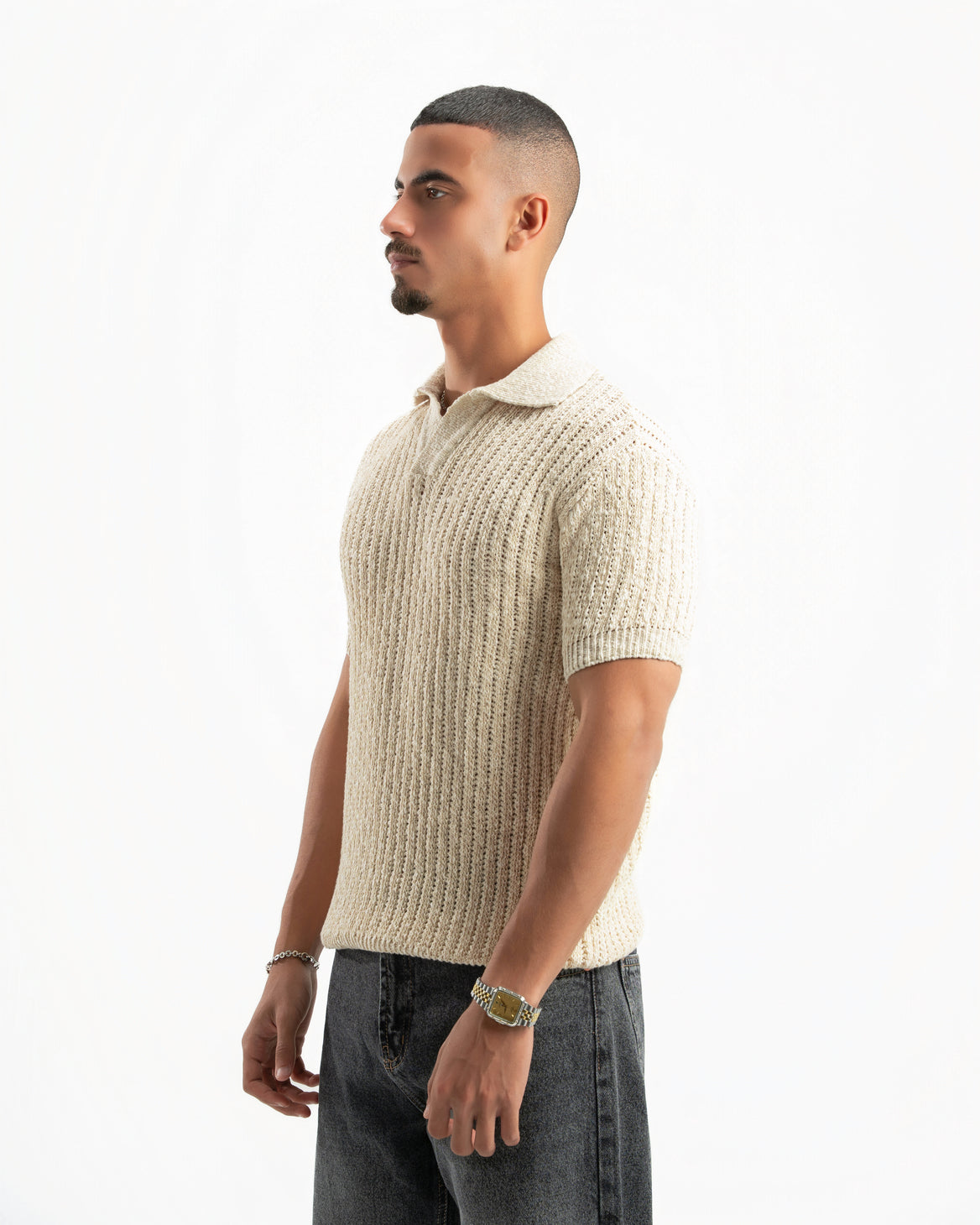 BEIGE RIBBED KNIT POLO
