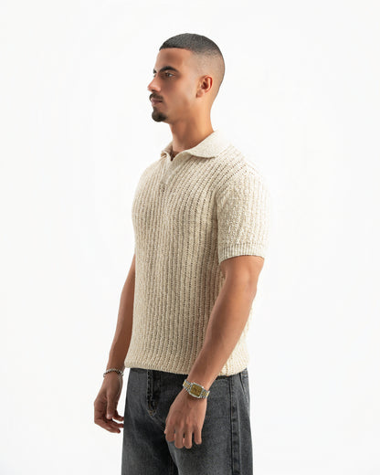 BEIGE RIBBED KNIT POLO